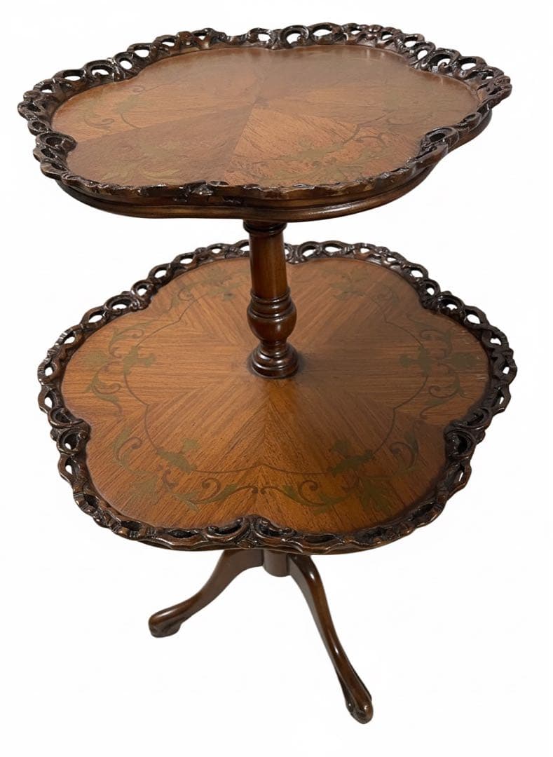 イギリスアンティーク2段テーブル マホガニー象嵌装飾透かし彫り