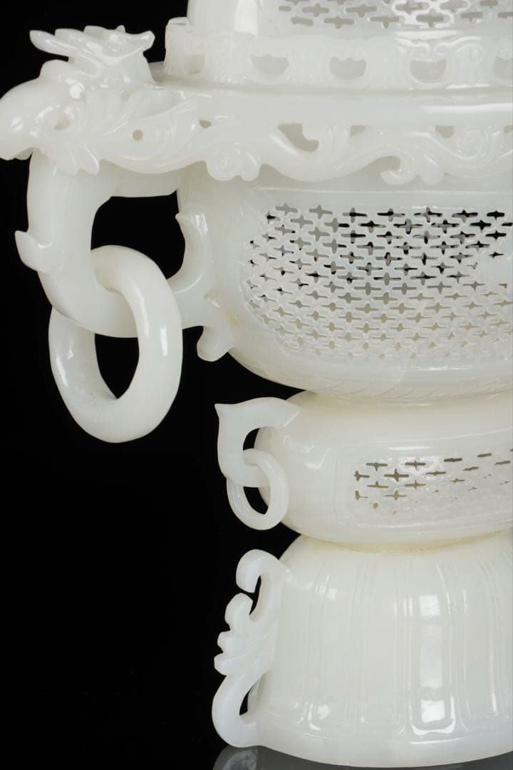 大*発様 中国古玩 白玉石大香炉 龍透彫細密彫刻 高