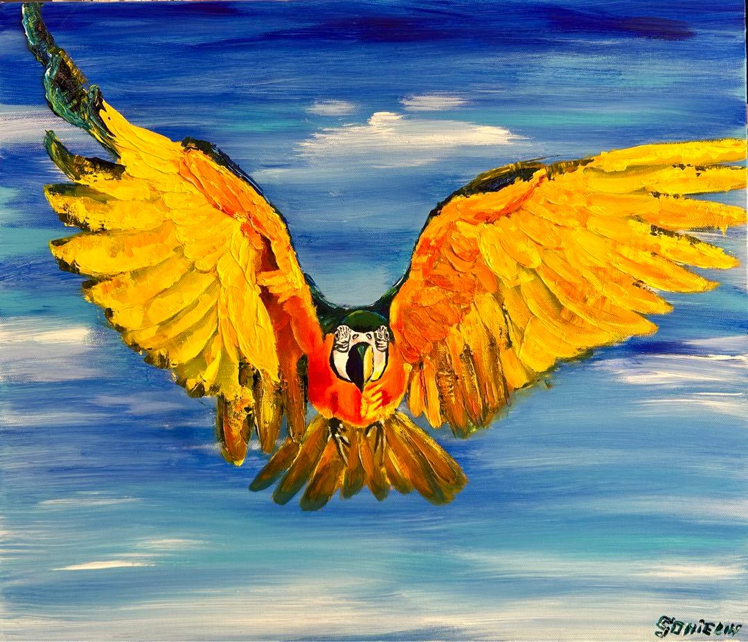 インコ　ヨウム　アクリル画　オリジナル制作　壁飾り