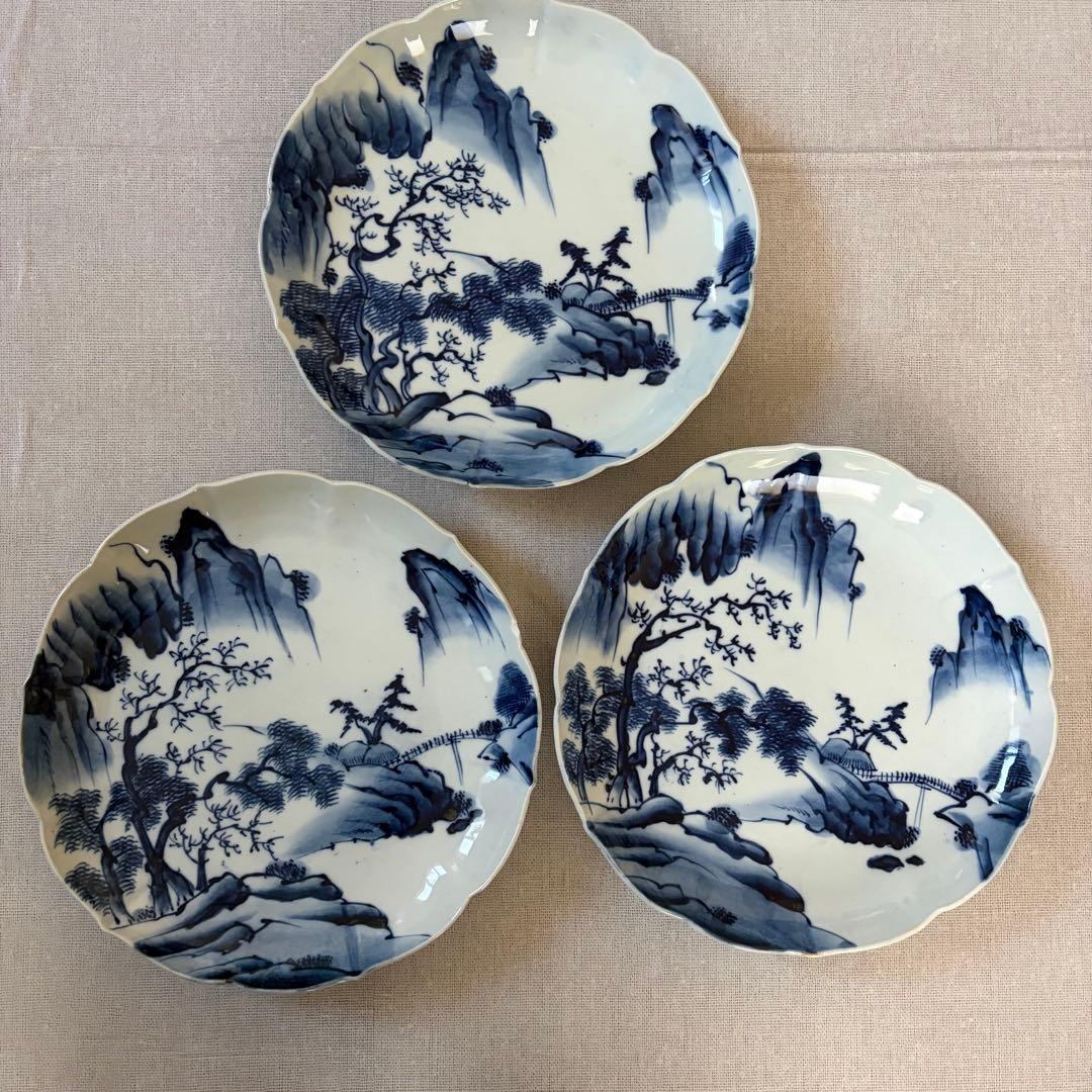 古伊万里 風 染付 山水文 大皿 25cm 輪花 飾り皿 3枚セット - メルカリ