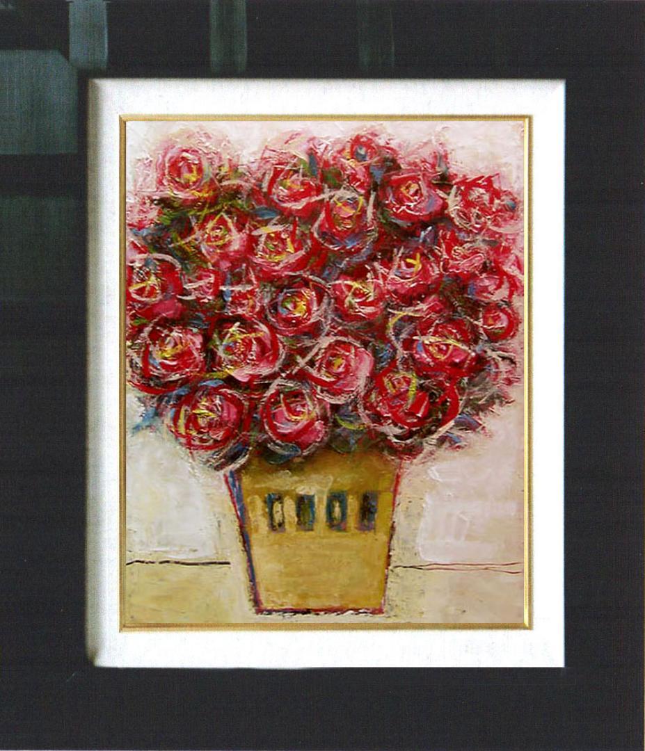 油絵 菅家令子 絵 絵画インテリア額付(青緑＋金色の枠)uF6-110902ばら