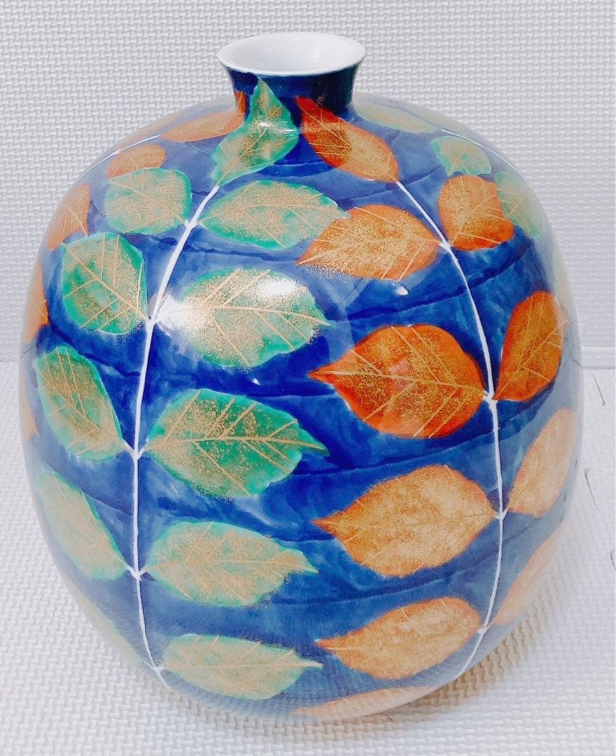 【希少 未使用】藤井錦彩 有田焼 染錦金彩木の葉絵花瓶 限定作品 24.5cm
