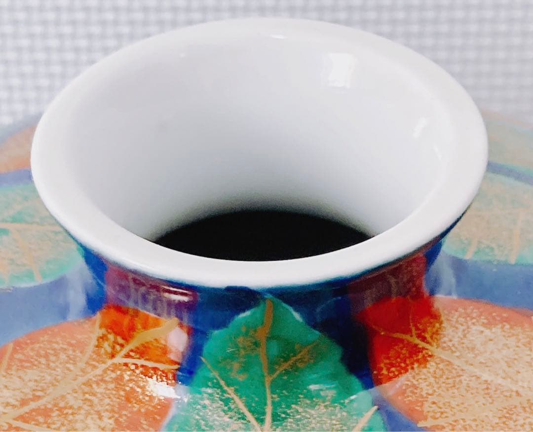 【希少 未使用】藤井錦彩 有田焼 染錦金彩木の葉絵花瓶 限定作品 24.5cm