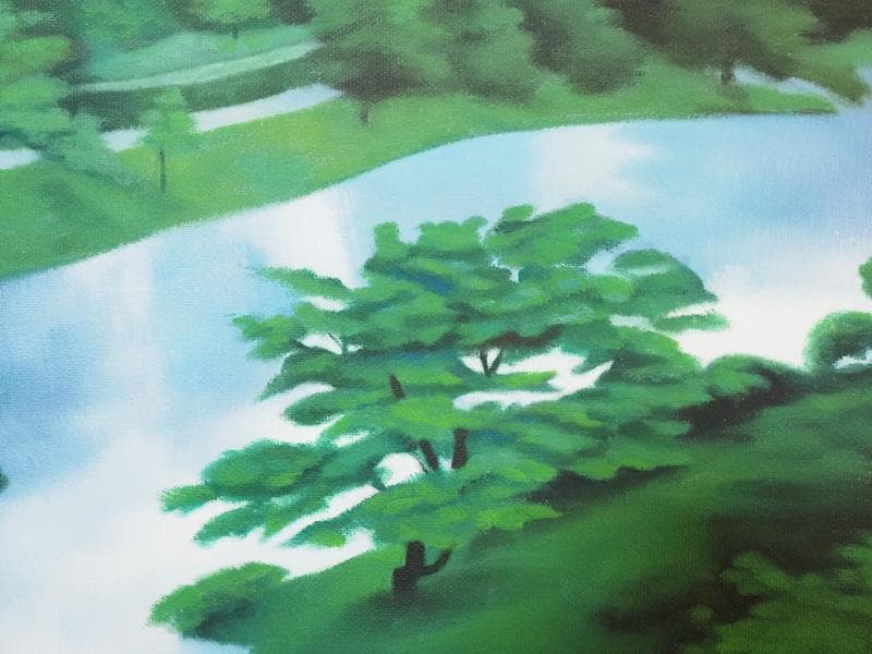 【値下げ】 風景画　油絵　東山魁夷　河辺の緑　F8　額付き　手描き　肉筆