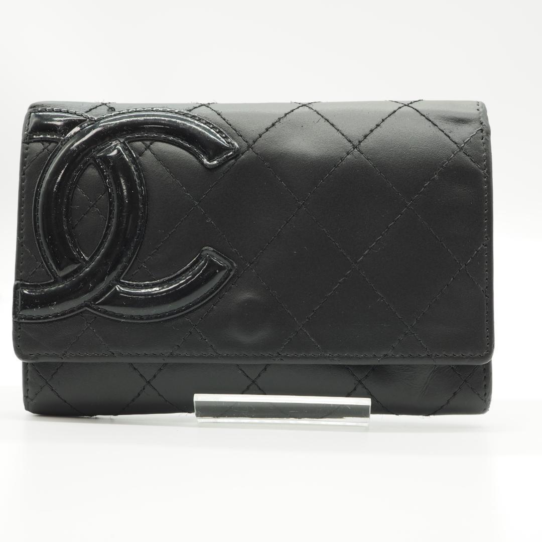 CHANEL シャネル カンボンライン 二つ折り財布 黒×ピンク