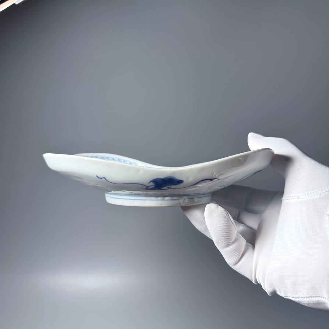 古伊万里 染付龍文様軍配形皿 五客 古美術 古陶を