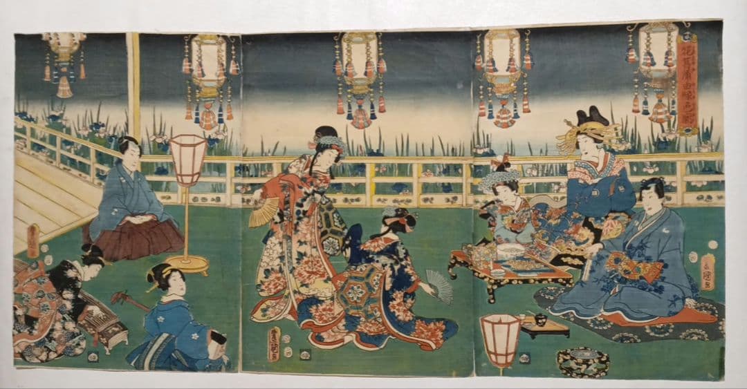 浮世絵版画、花菖蒲由縁色廓三枚綴り 三代歌川豊国画安政四年