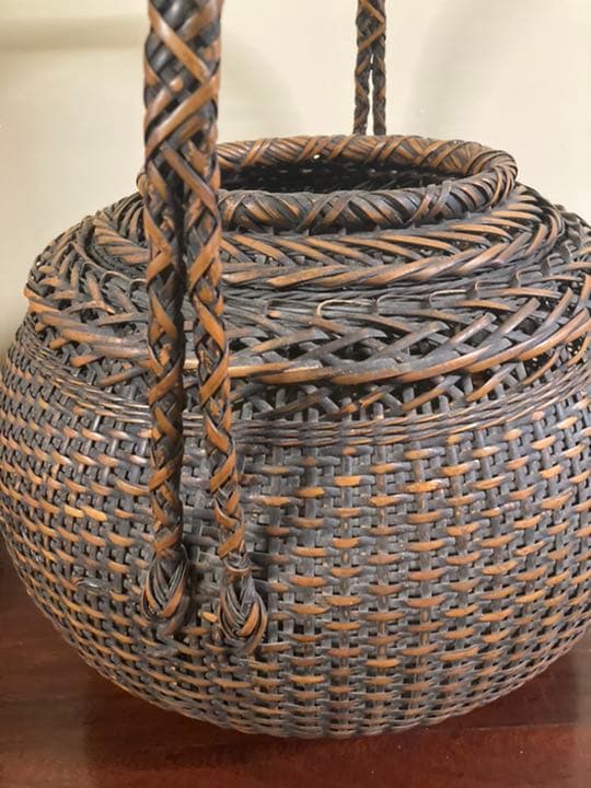 アンティーク竹編み籠 大型 花籠 在銘 美品