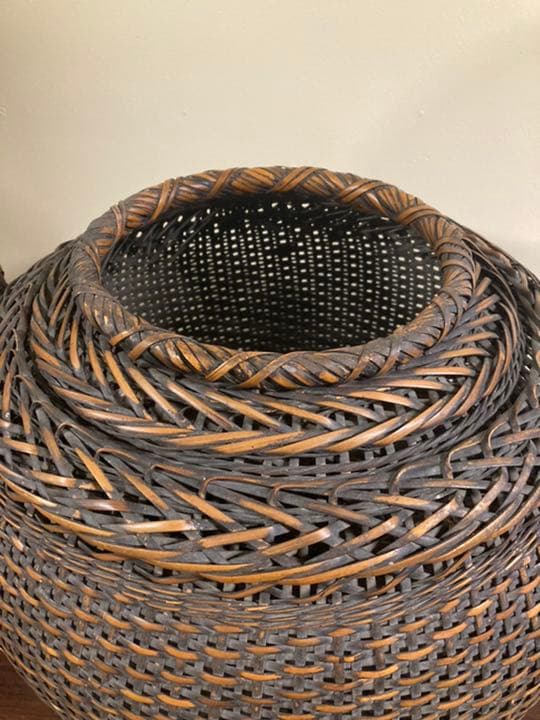 アンティーク竹編み籠 大型 花籠 在銘 美品