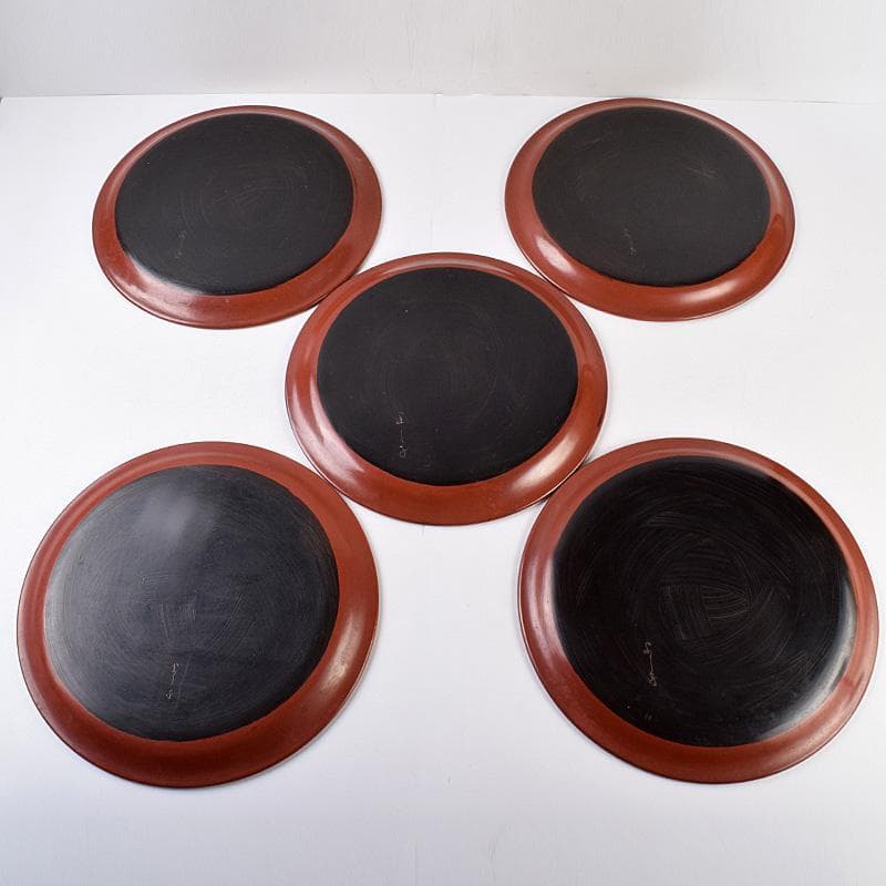 鎌倉彫　手彫　絵替鎌倉盆　丸盆　五枚　在銘　書付共箱　V　R8990B