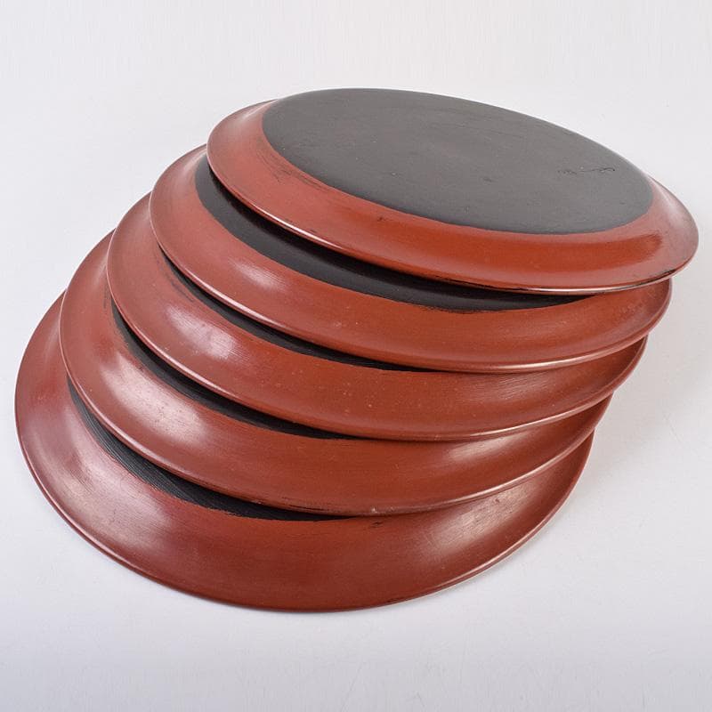 鎌倉彫　手彫　絵替鎌倉盆　丸盆　五枚　在銘　書付共箱　V　R8990B