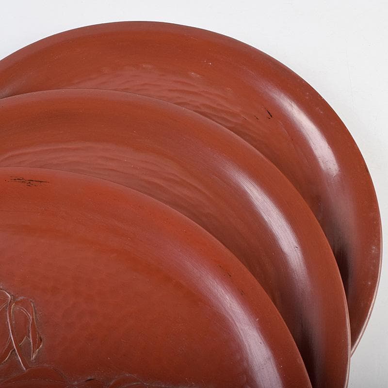 鎌倉彫　手彫　絵替鎌倉盆　丸盆　五枚　在銘　書付共箱　V　R8990B