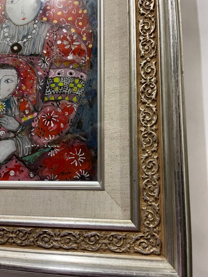 処分価格 香野ルミ子「赤いヴェールの母娘」ガラス絵 優しい眼差し