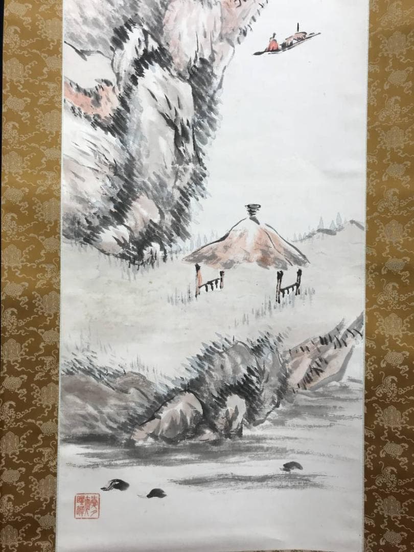 真作/河野華外/江山浮舟画賛/山水図/掛軸☆宝船☆AE-318