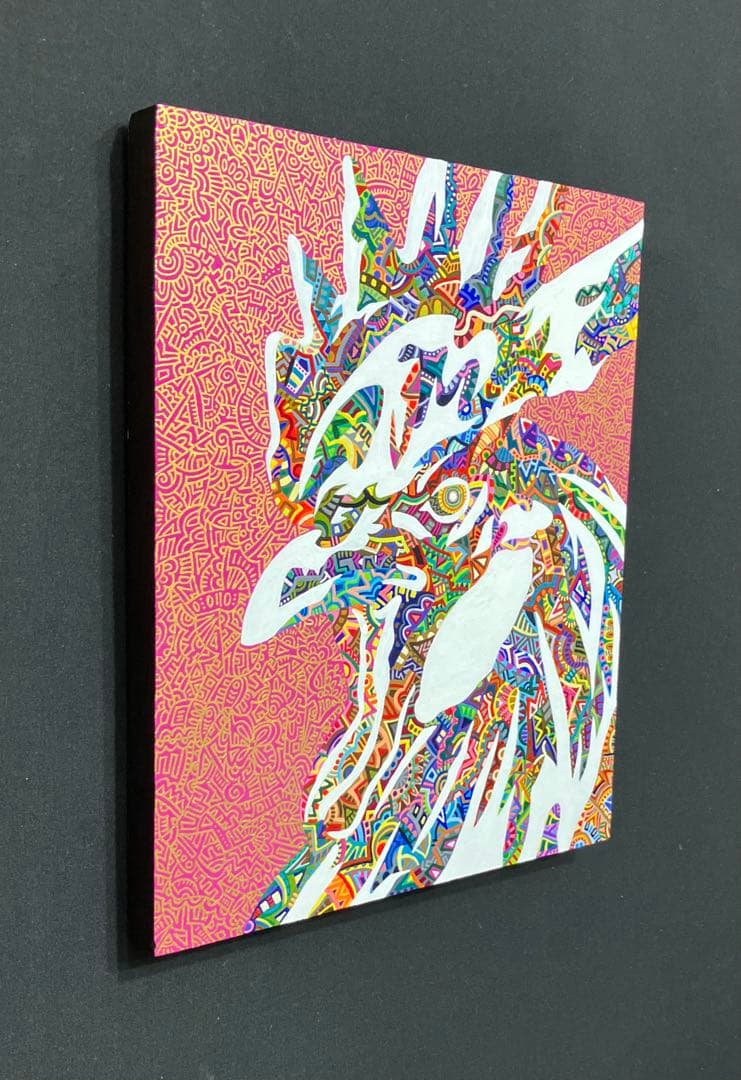 原画 鶏 動物画 絵画 肉筆画 アクリル画 現代アート 細密画 一点物