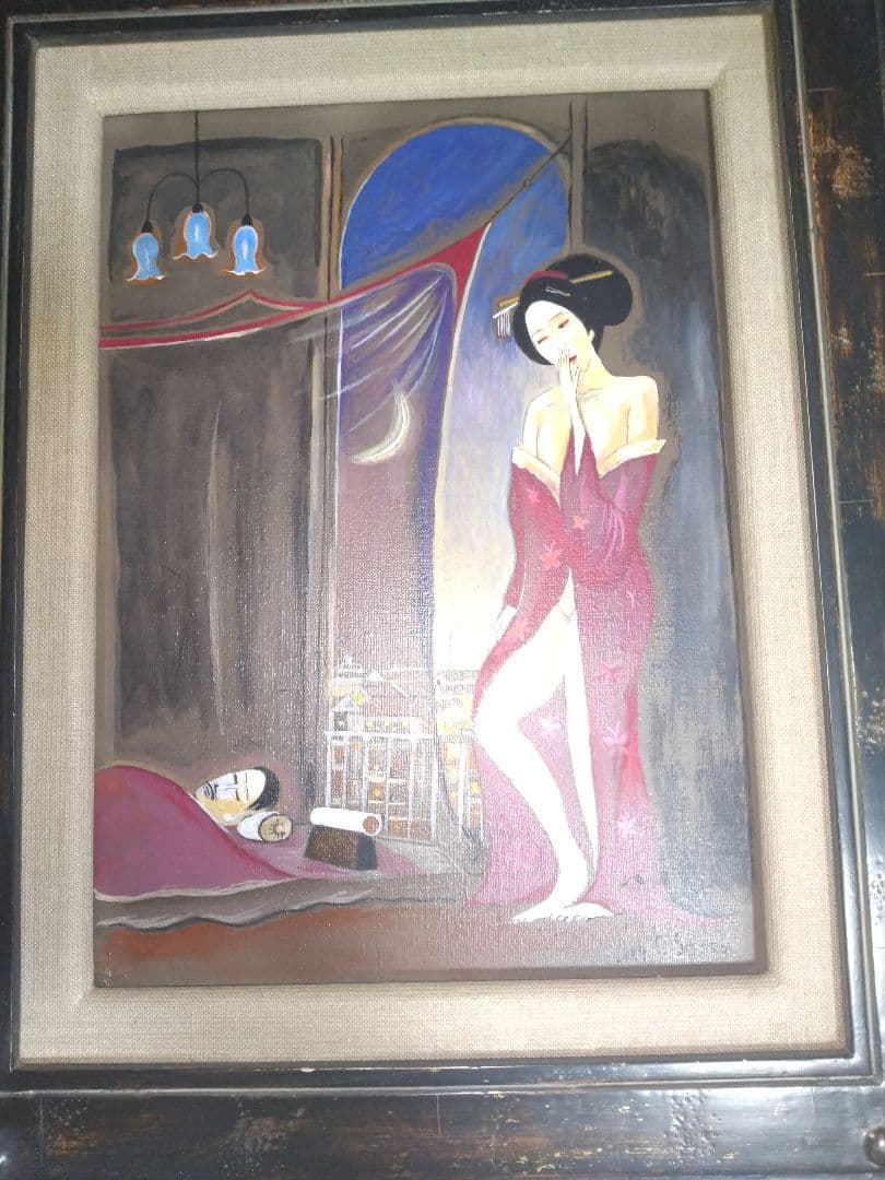 斎藤真一、絵画、油彩4F.蚊帳の月、肉筆、高級額縁、宮永岳彦、鴨居玲