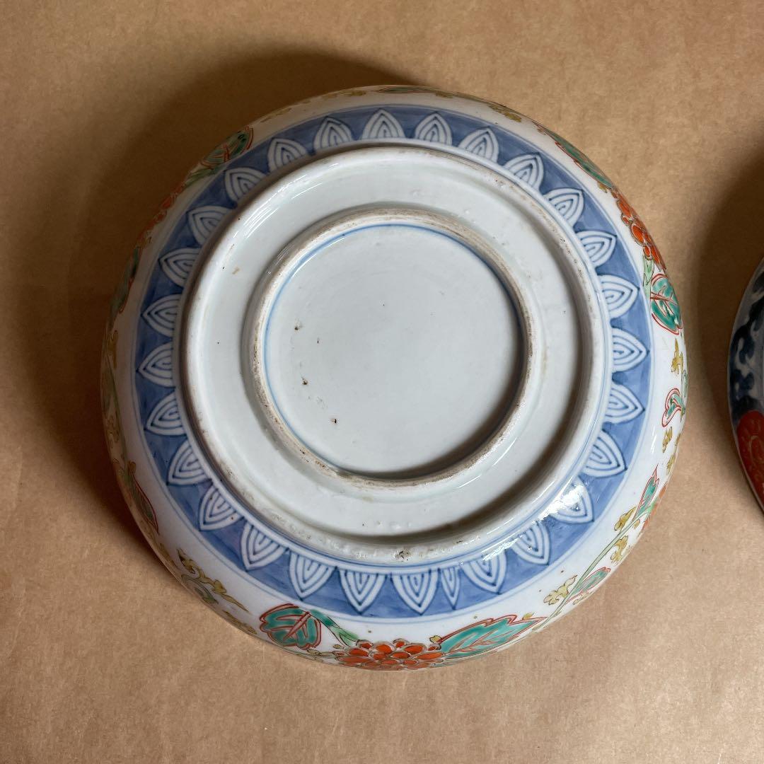 鉢2点 【m142 二重高台 伊万里 骨董 レトロ 深鉢 呉須色絵 染付】
