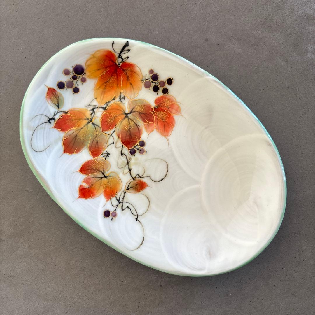 ほぼ新品》美品【陶葊】京焼 清水焼 白掛彩草花 色絵付け 皿 山葡萄 陶