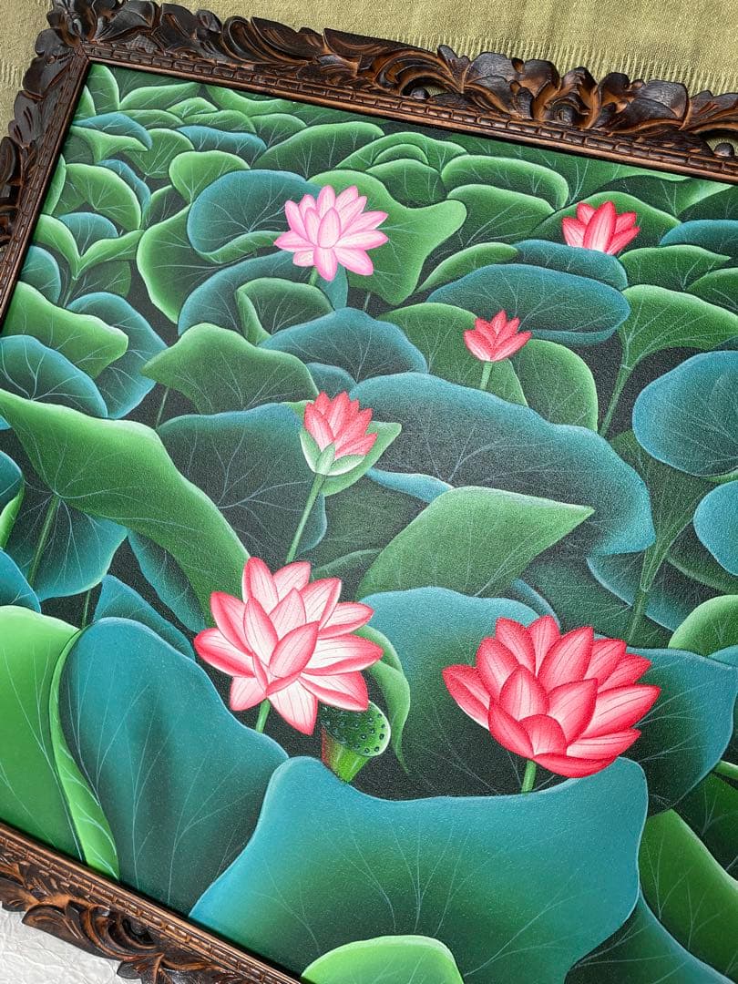 大サイズ！ロータス蓮の花と葉のリアリズム絵画 バリ島インドネシア
