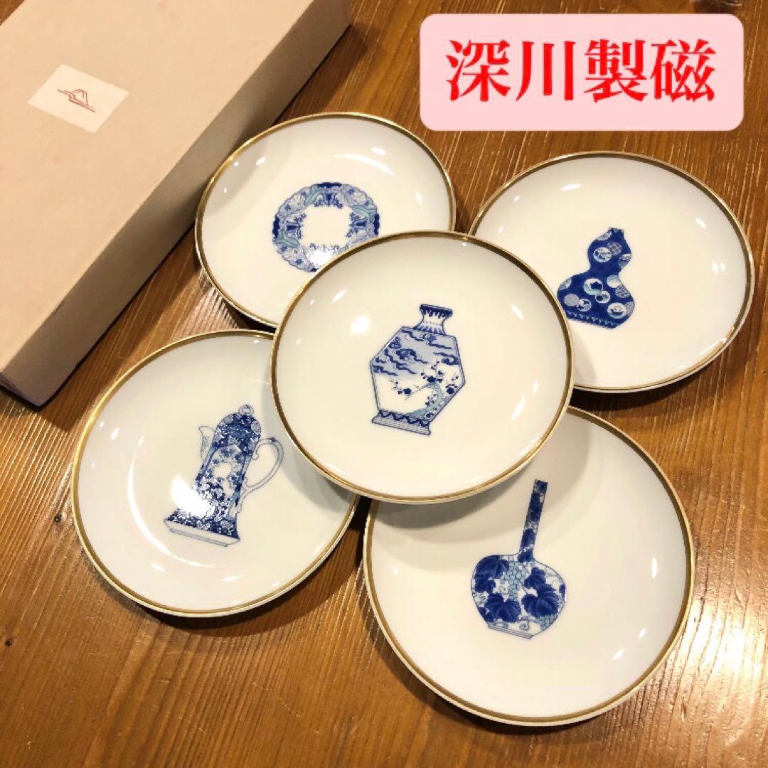 小皿5枚 深川製 花文様 木箱付き 深川ブルー 染付 金彩 2025