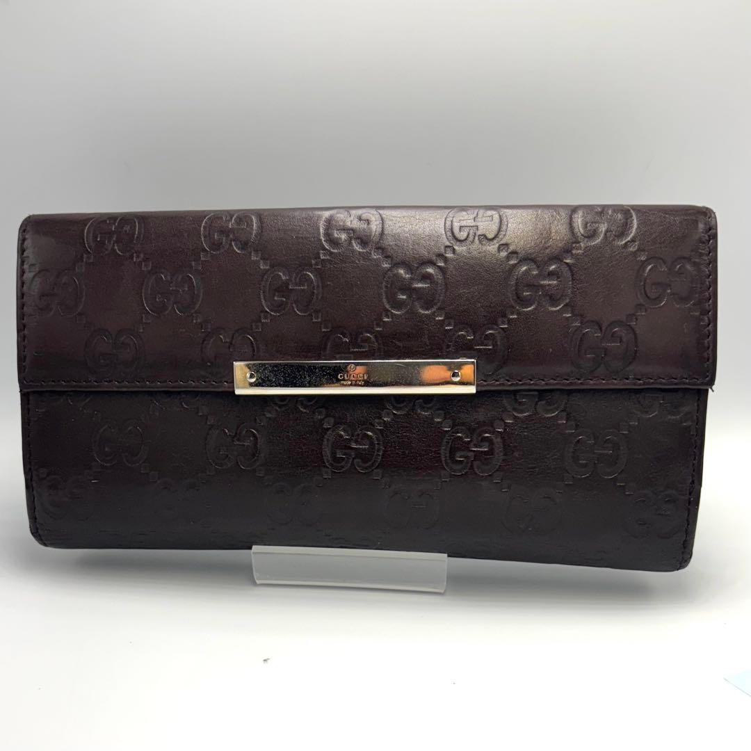 グッチ GG 長財布 シマ ブラウン シルバープレート レザー 本革　箱付き