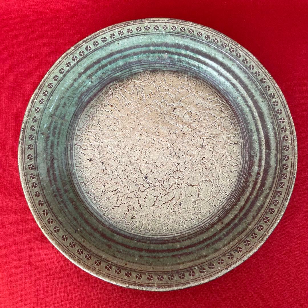 最終値下げ★永見鴻人作　迫力ある 大皿　印花文緑釉板造皿　陶芸　飾り皿　骨董品