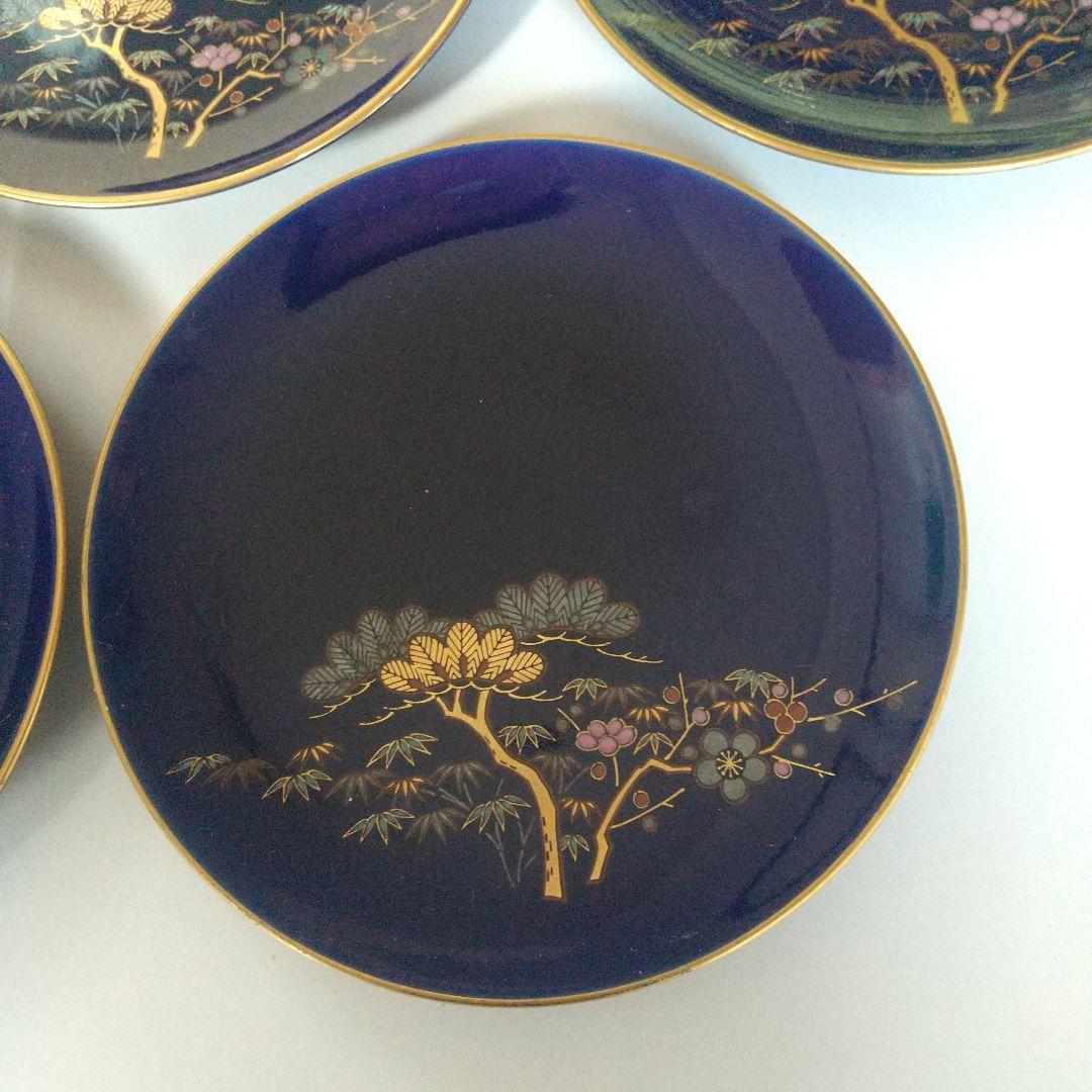 香蘭社・未使用品】香蘭社 ロゴ入り銘々皿 瑠璃色金彩 濃紺の和風皿 5