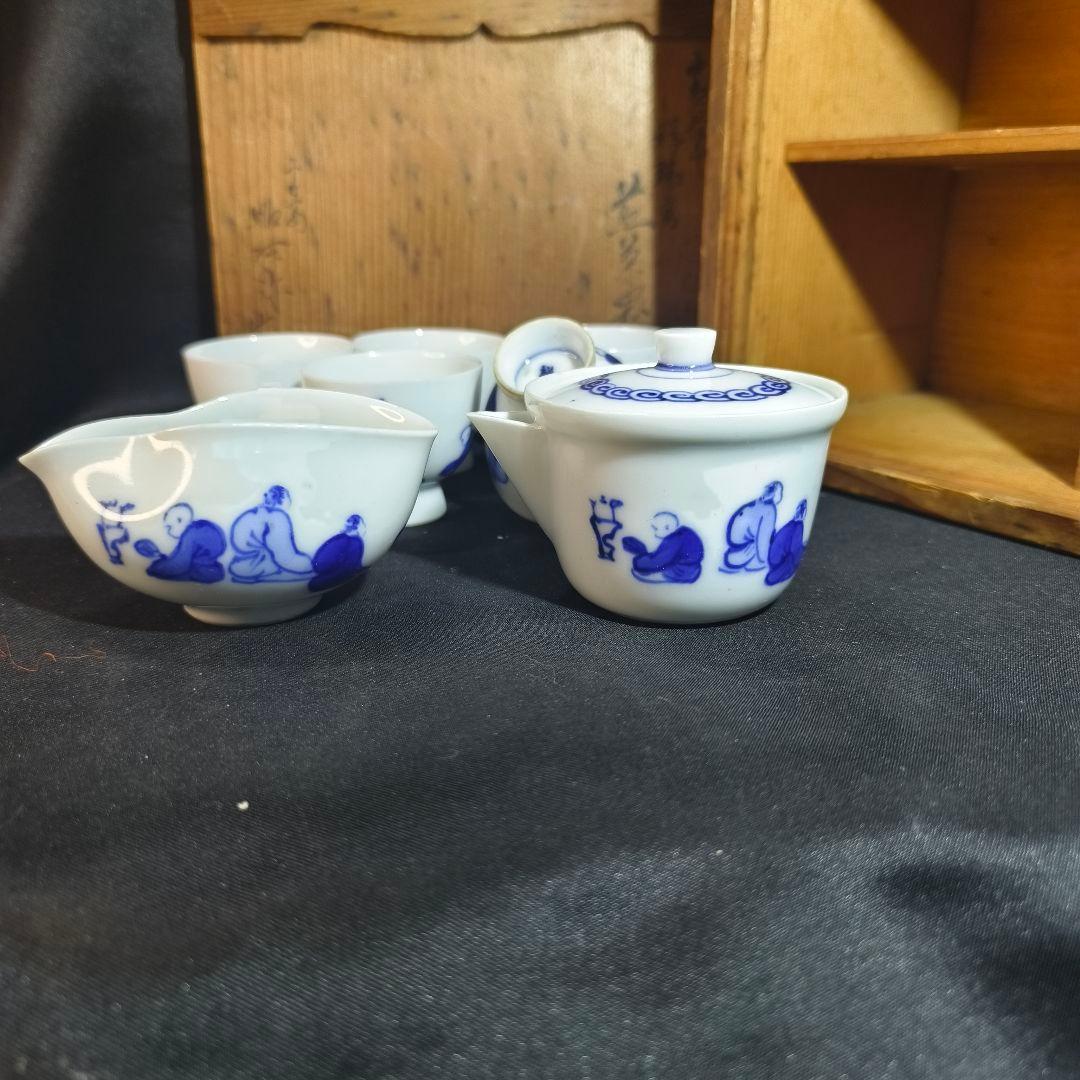 煎茶道具 染付宝瓶茶器 手描き唐子文 祥山造 骨董 時代物 薄手蒐集家