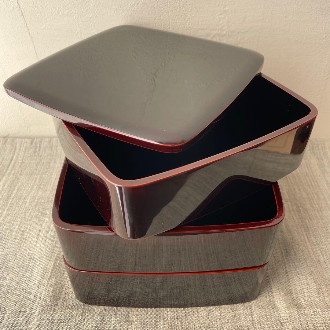 溜塗 木製 漆器 重箱 3段 19.5cm 黒　無地　胴張り