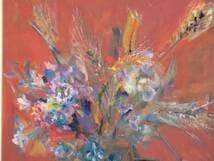 【真作】絵画　油彩10号　赤の静物　花と麦の彩り　深紅の背景に咲く命　Y30