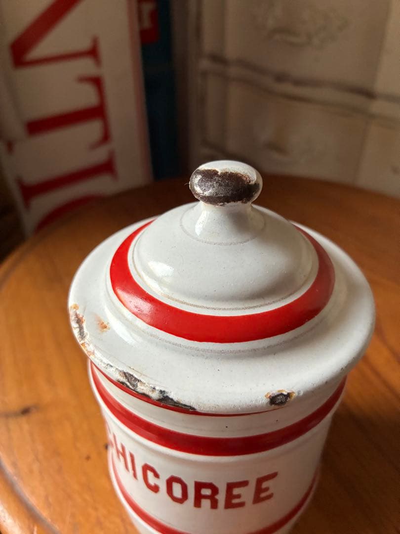 フランス アンティーク ホーロー キャニスター ホワイト レッドライン