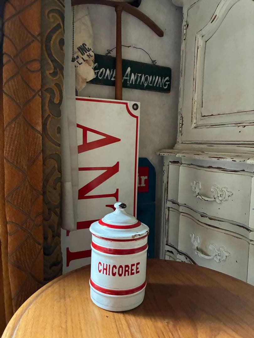 フランス アンティーク ホーロー キャニスター ホワイト レッドライン