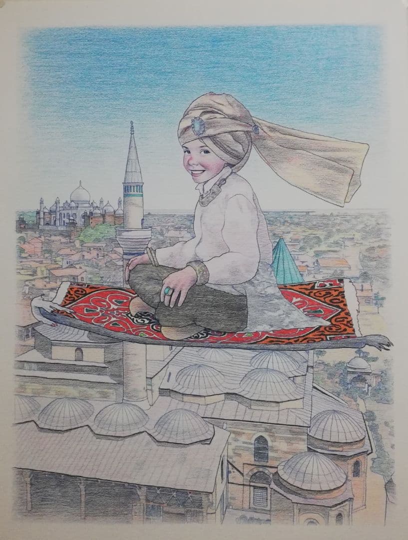 色鉛筆画 イラストレーション原画「アラジンの自由」 sketch 水彩紙に色鉛筆、アクリル絵具、顔彩、箔 #いろはあやの #絵