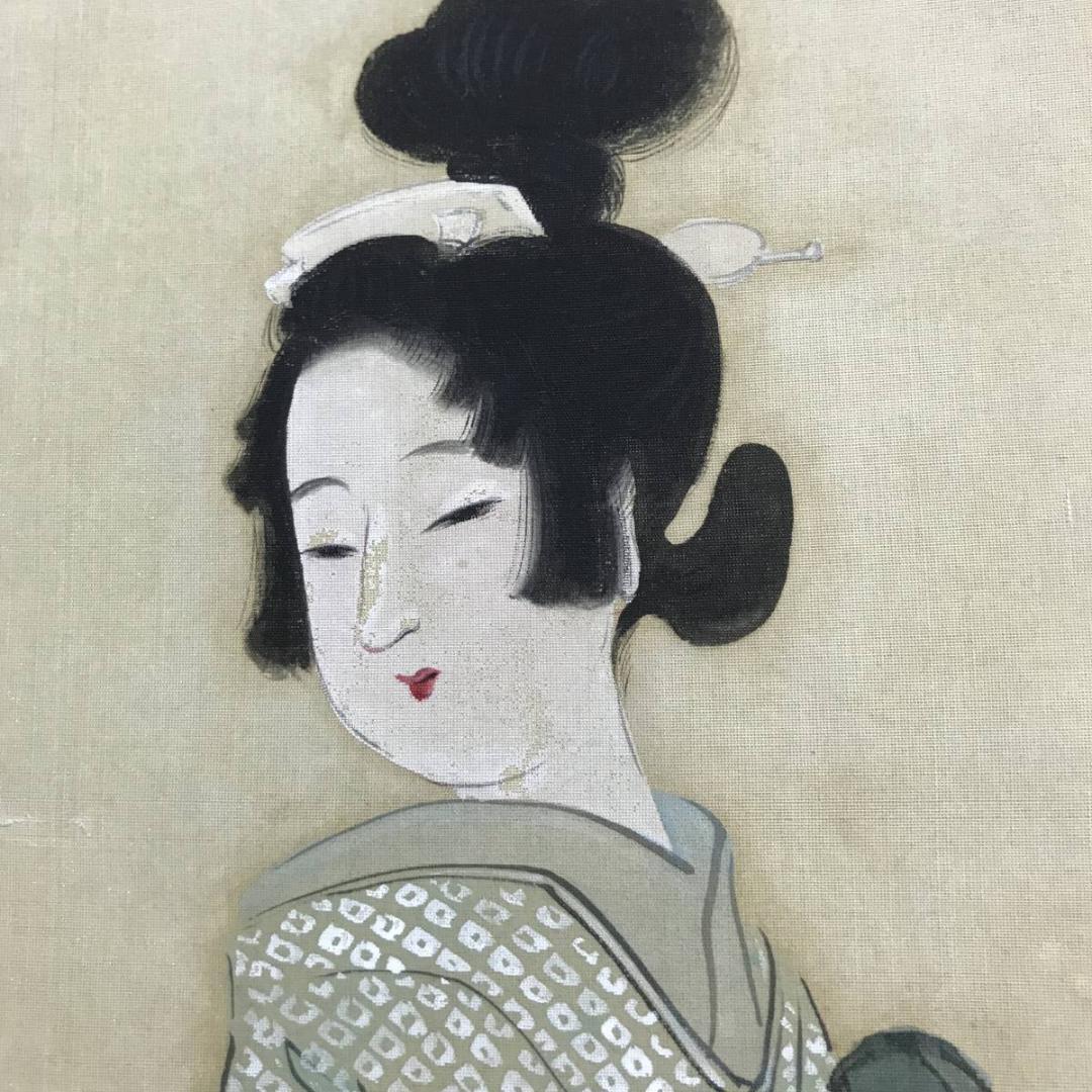 真作】玉泉/左甚五郎美人像図/美人図/美人画/掛軸/名家伝来/AD-