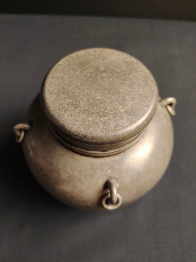 古錫 蔵六居造 錫製無紋四耳帯環茶心壺 茶道具 茶筒 古美術品 重さ910g