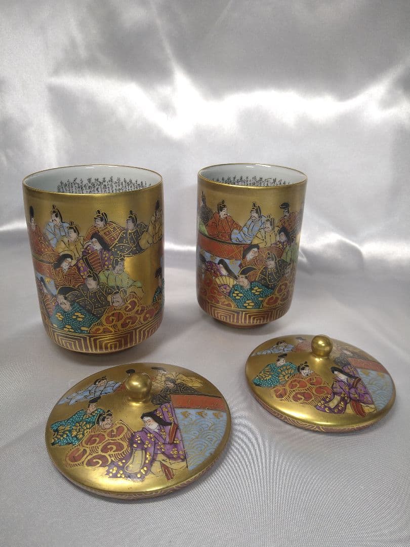 九谷焼 住田岳陽 本金色絵 三十六歌仙絵 夫婦湯呑 蓋付き 小田清山 細字