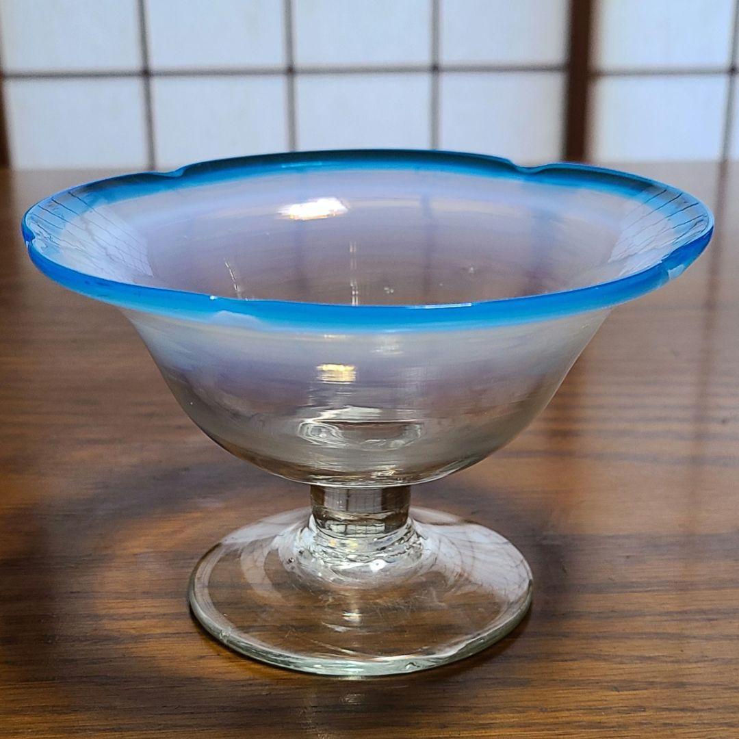 アンティーク 大正～昭和 乳白色 氷グラス 赤/青暈し 吹きガラス