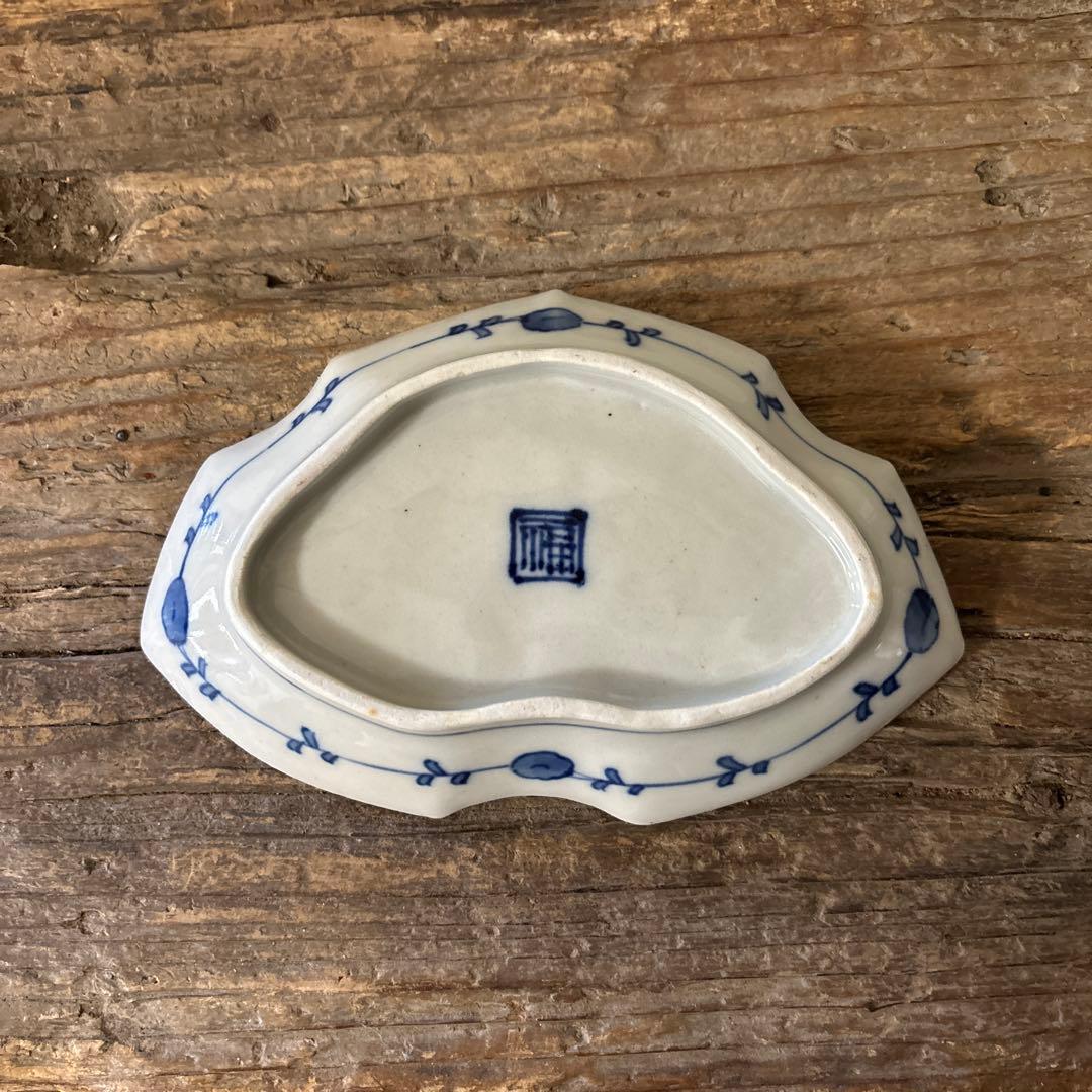 アンティーク変形小皿5点　明治　大正　印判染付古道具　検:白洲正子　李朝