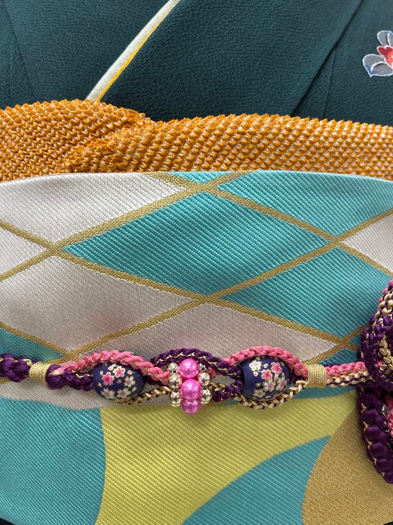 振り袖 フルセット 浜ちりめん 別誂長襦袢 深緑 個性的 友禅 成人式