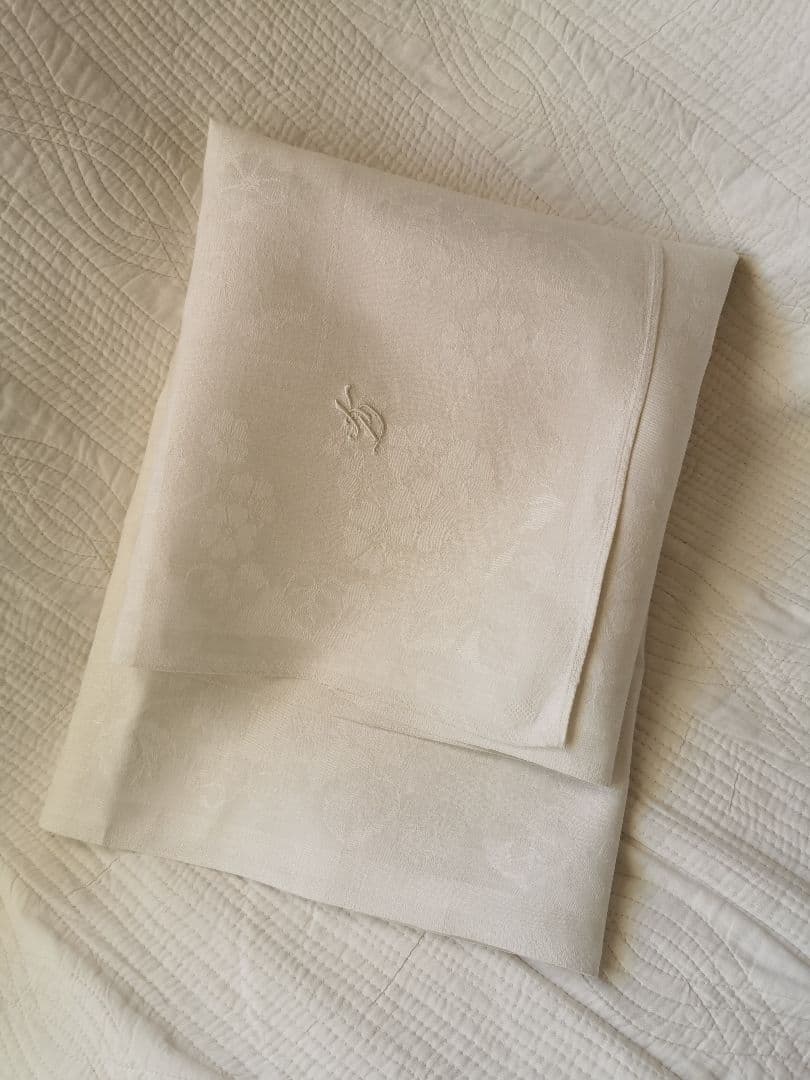 アンティーク ダマスク織 リネン 桜草 プリムラ 紫陽花風 イニシャル