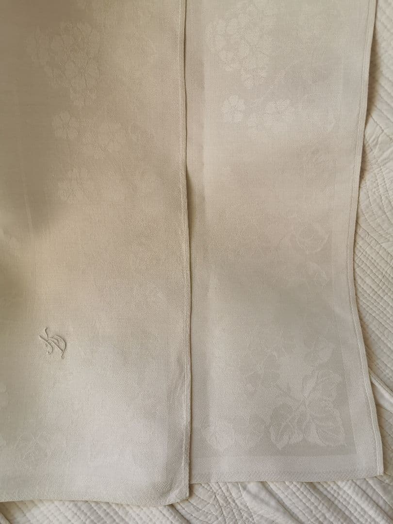 アンティーク ダマスク織 リネン 桜草 プリムラ 紫陽花風 イニシャル