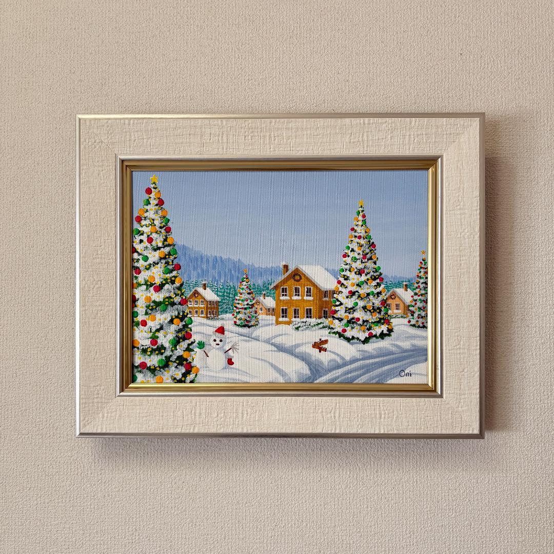 アクリル画　原画　「クリスマスヴィレッジ01」額縁付き　F4サイズ　風景画