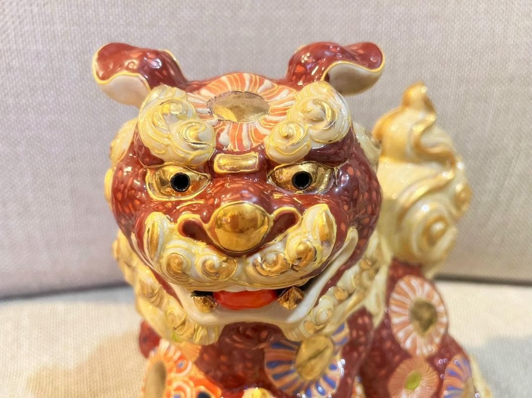 九谷焼 玉乗り獅子 久谷幡山窯 高さ約25cm 化粧箱(紙箱)付 縁起物 良好