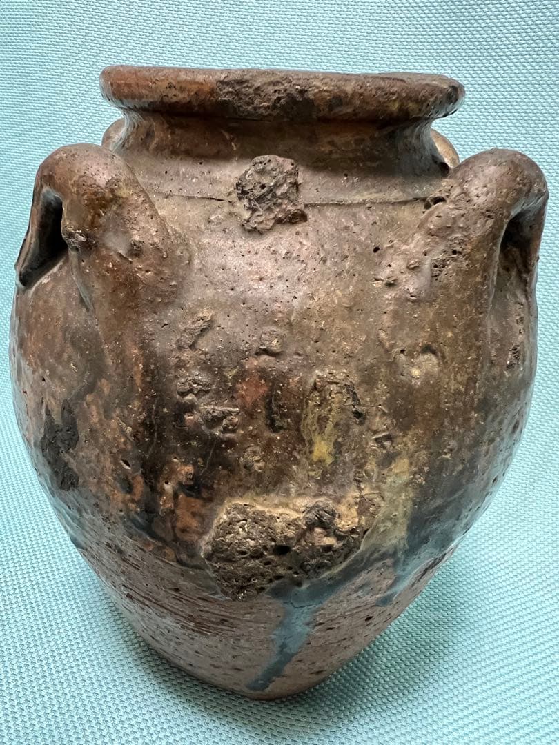 中国明朝（青釉 四耳壺）陶器 骨董品 時代物 高さ24cm解体整理品現状品のみ