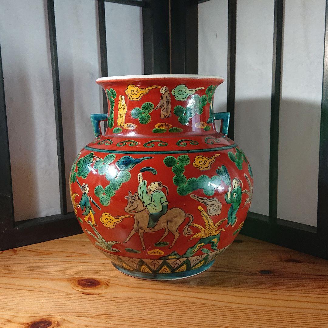 九谷焼 花瓶 木米 赤絵人物図 大花瓶 壺 五彩青木木米金彩色