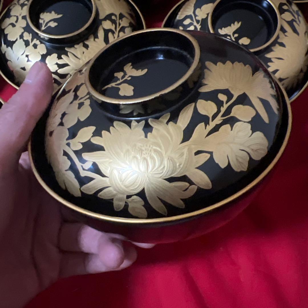 美品 輪島塗 菊 蒔絵 吸物碗 10客 漆器 (内一客蓋に割れあり)