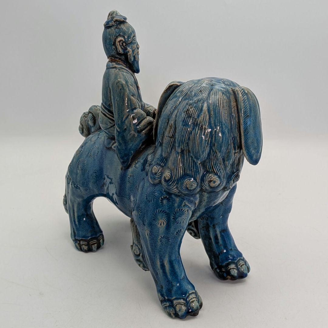 首に直しあり】藍釉獅子仙人像 陶像 陶器人形 置物 伯陽仙人 神仙