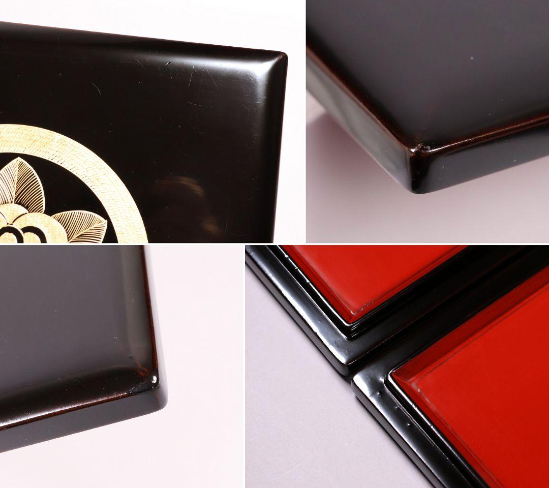 MB37】輪島塗 丸に橘 家紋付 沈金 黒塗 内朱塗 五段重箱