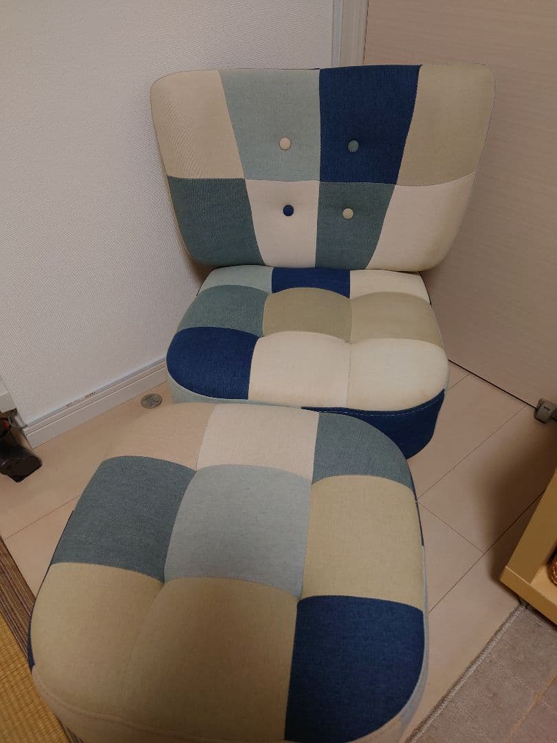 パッチワークデザイン ラウンジチェア 多色 青系 パッチワークデザイン