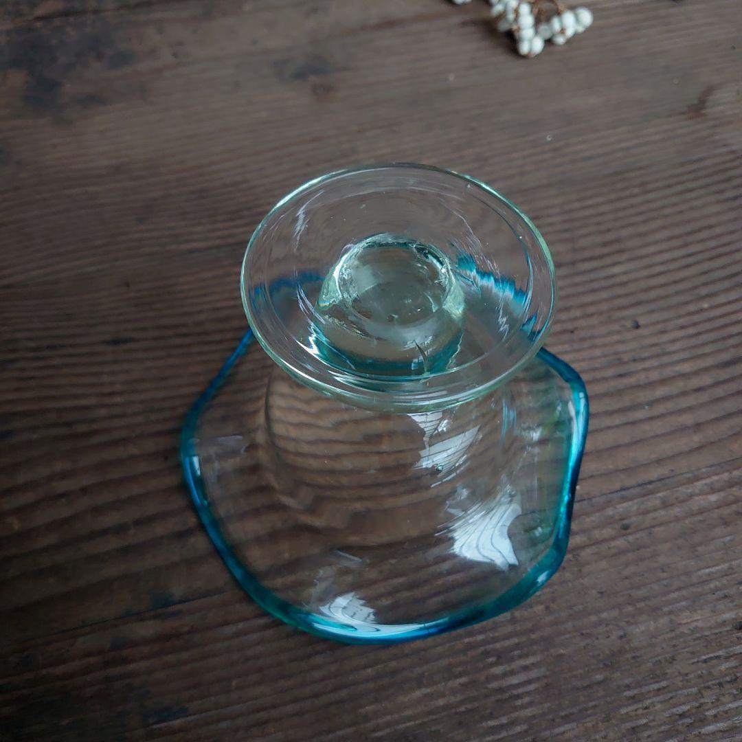 ご成約】水色 花縁 碗形 氷コップとガラス匙、プレス皿 骨董の